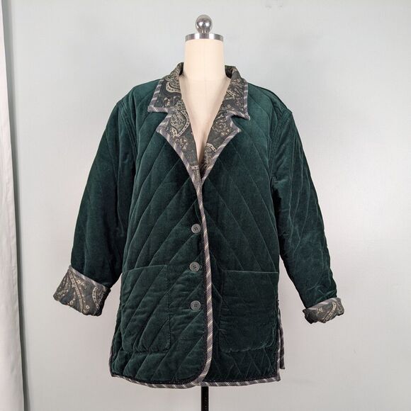 Velvet Reversible Jacket Womens L Green Tapestry Quilted 90s Y2K Vtg Whimsigoth - Picture 2 of 16